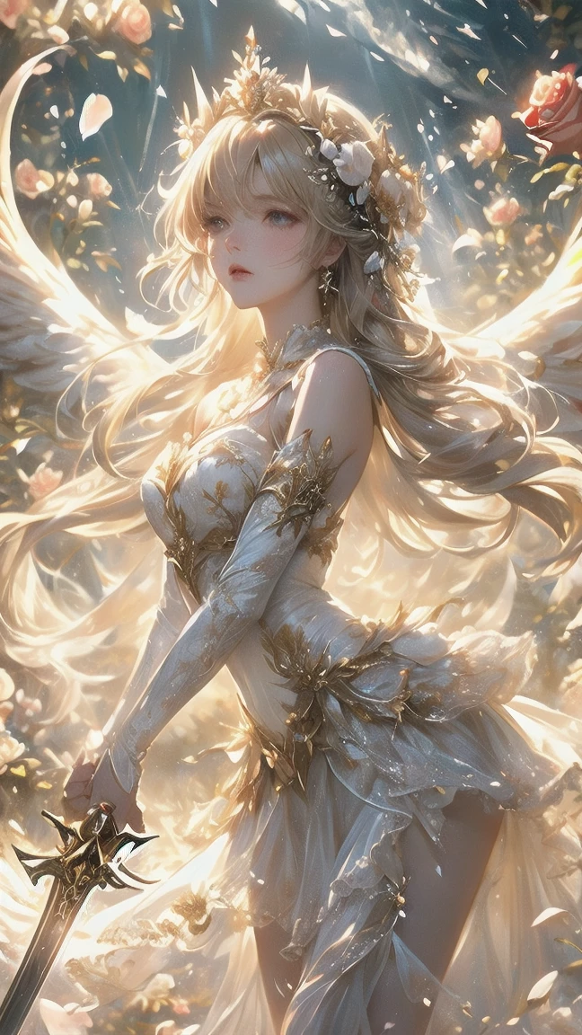 head to thigh, long blonde hair, long eyelash, Glowing transparent wings, high detailed skin, 1 Russian Flower Fairy, Spring flowers, high quality, Volumetric lighting, A high resolution, 4K, 8K, in the background bokeh, Garden of dreams, Soft lighting, Transparent feather drop effect, Spring flowers