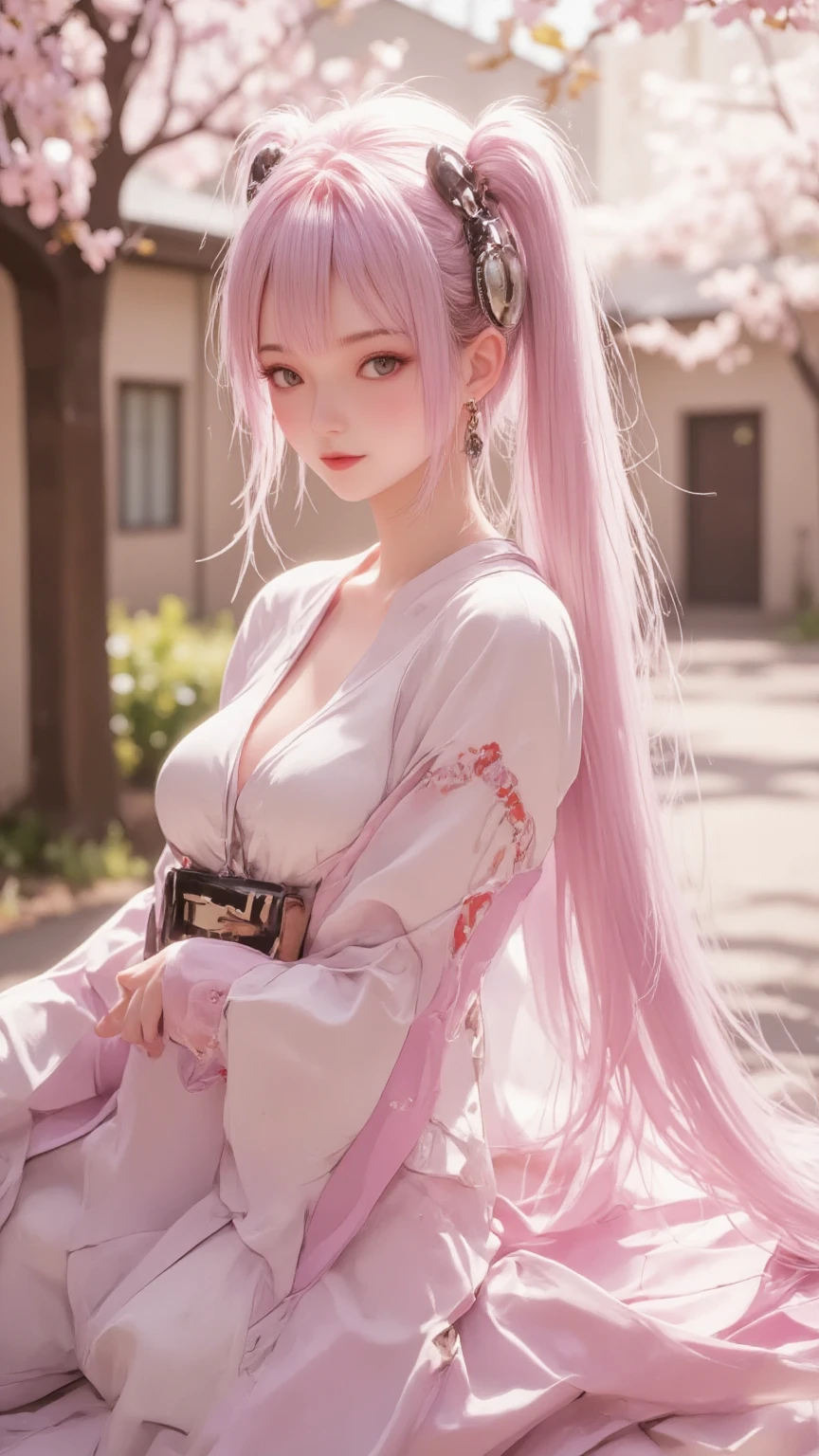 Draw a beautiful woman with hair with white roots and light pink tips., beautiful pink eyes, blue and light yellow, medium large bust wearing a black kimono with peonies, light pink lips, in the middle of a magical Demon Slayer style garden