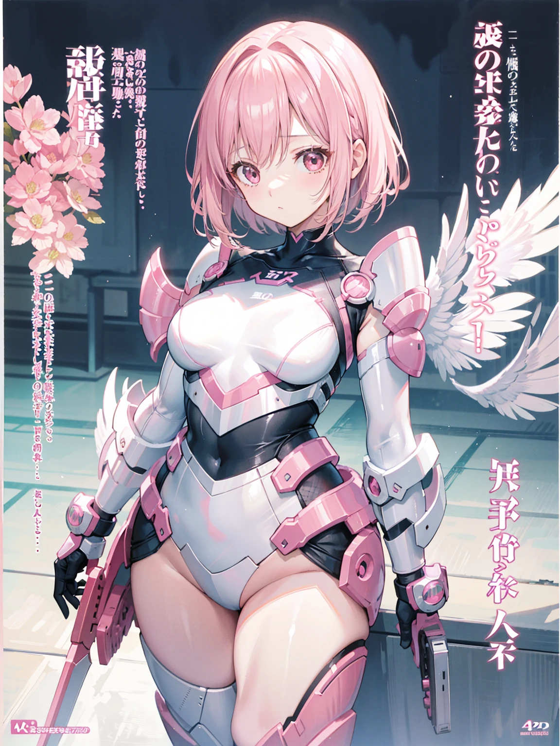 top-quality,Top image quality,masterpiece,neon light,cyber punk:1.2,science fiction,super fin concept art,1 Mecha Girl, wear maid clothes under armor:1.3), (She is fused with futuristic Gundam mecha:1.3),((18year old,white mech arms,mech shoulder,energy wings:1.2,mech headgear,mech ears:1.2,mech accesary,holding weapons in both hands:1.1)),pink short hair,purple eyes,cleavage,pov,Chest energy,Dye cheeks,hiquality,depth of fields,Background or futuristic city,metropolis of future,upper body shot,expressionless