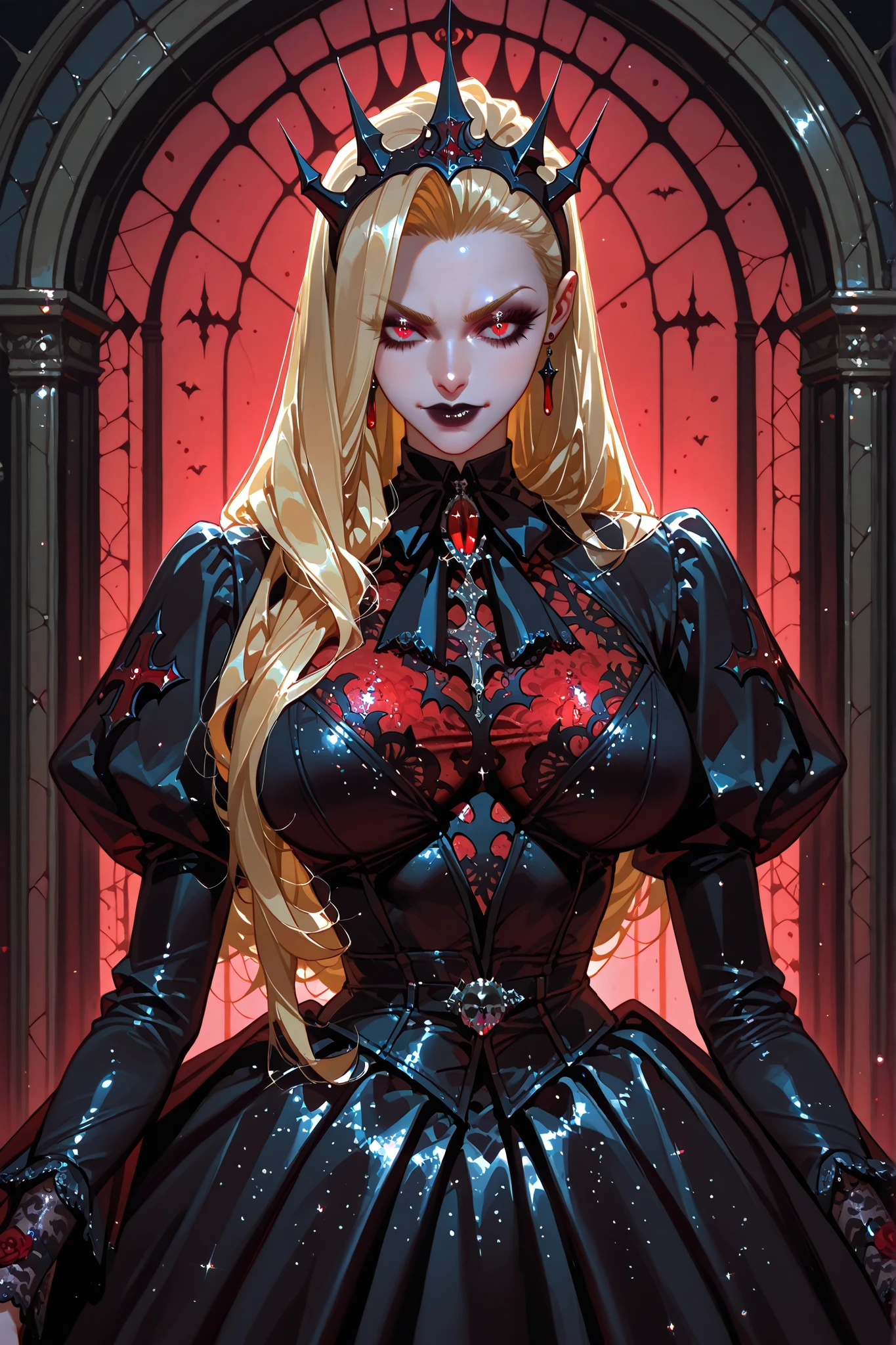 obra-prima, melhor qualidade, incredible quality, very aesthetic, absurdos, mangas, highres, beautiful vampire queen, gigantic long golden blonde hair, Gothic style, Rosas no cabelo, dark black lashes, olhos vermelhos, red lace dress , digital illustration, glitter,