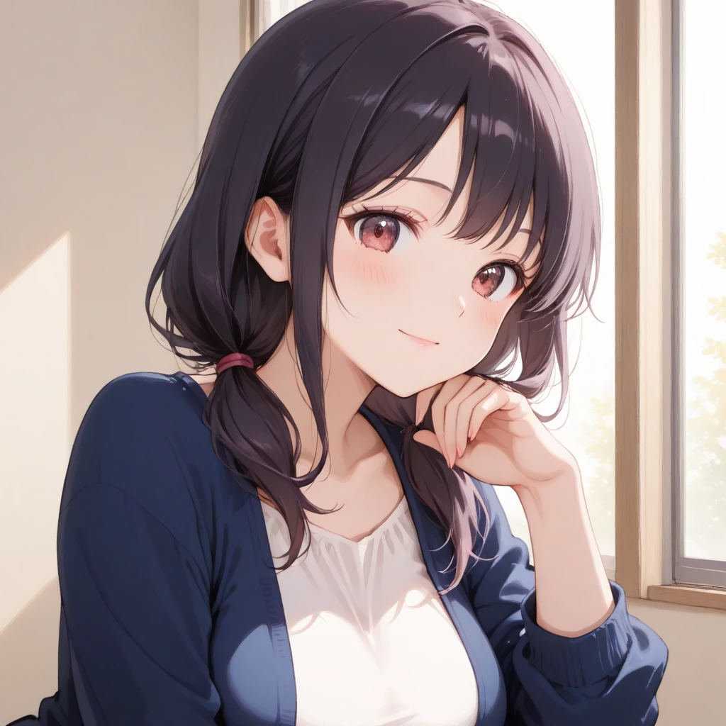 Biologically correct five fingers、(Placing hand on chest:1.5)、Upper Body, Realistic, real person, (pale skin: 1.2), RAW photo, photorealistic, portrait photography, shiny skin, shiny hair、(A 25-year-old woman with medium-length hair and bangs) and (wavy hair) and (brown hair) and (orange eyes) , (business suit:1.5) and (White shirt)、(blush:1.5), smile, Background is an office room、Alone、Are standing