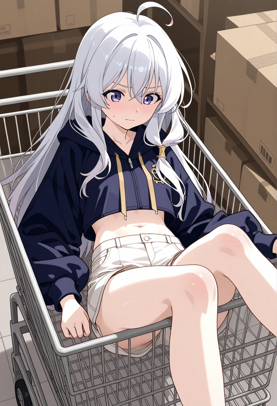 a beautiful girl with long white hair, grey hair accents, and kawaii features, with visible eyes partially covered by bangs, large breasts, yellow slanted eyes, long bangs covering one eyes, (Wearing a plain white loose t-shirt) (Wearing an open brown jacket) sitting pose on the trolley bed, falling pose, Both legs up the corner sides of the shopping trolley basket, Wearing loose socks, shiny black shoes, full body image with both hands in open pose, white background, image according to the tag. Wear short jeans (The empty trolley basket only contains the character's body inside the silver trolley basket, (smile