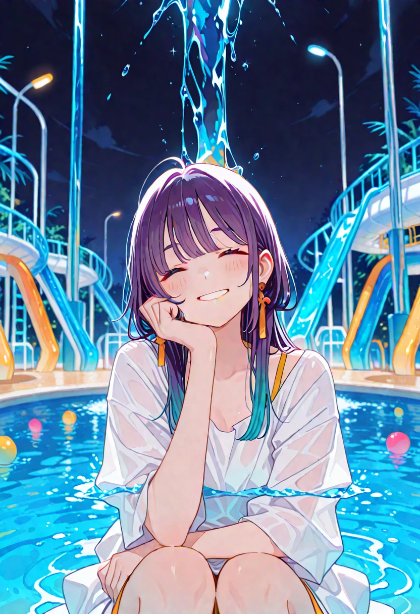 Sexy naked petite teen biting lip with long black hair and glasses wearing a wet see through shirt breast and cute panties in the shower at night time