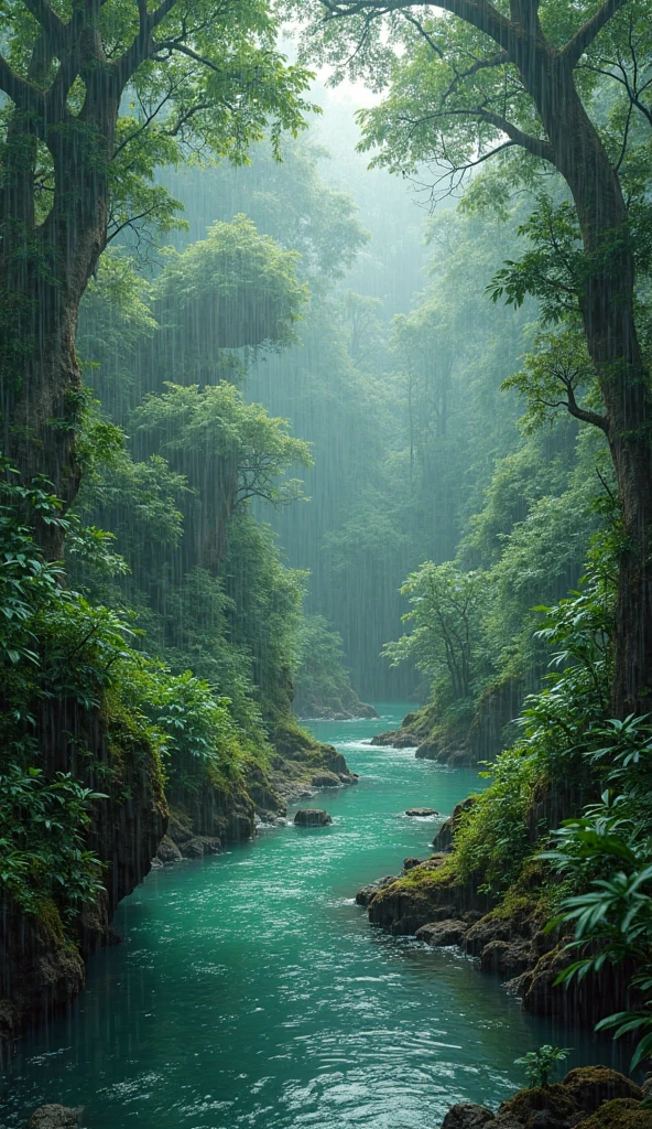 Fantastic Realistic Footage rain virgin forest Green water is flowing ...