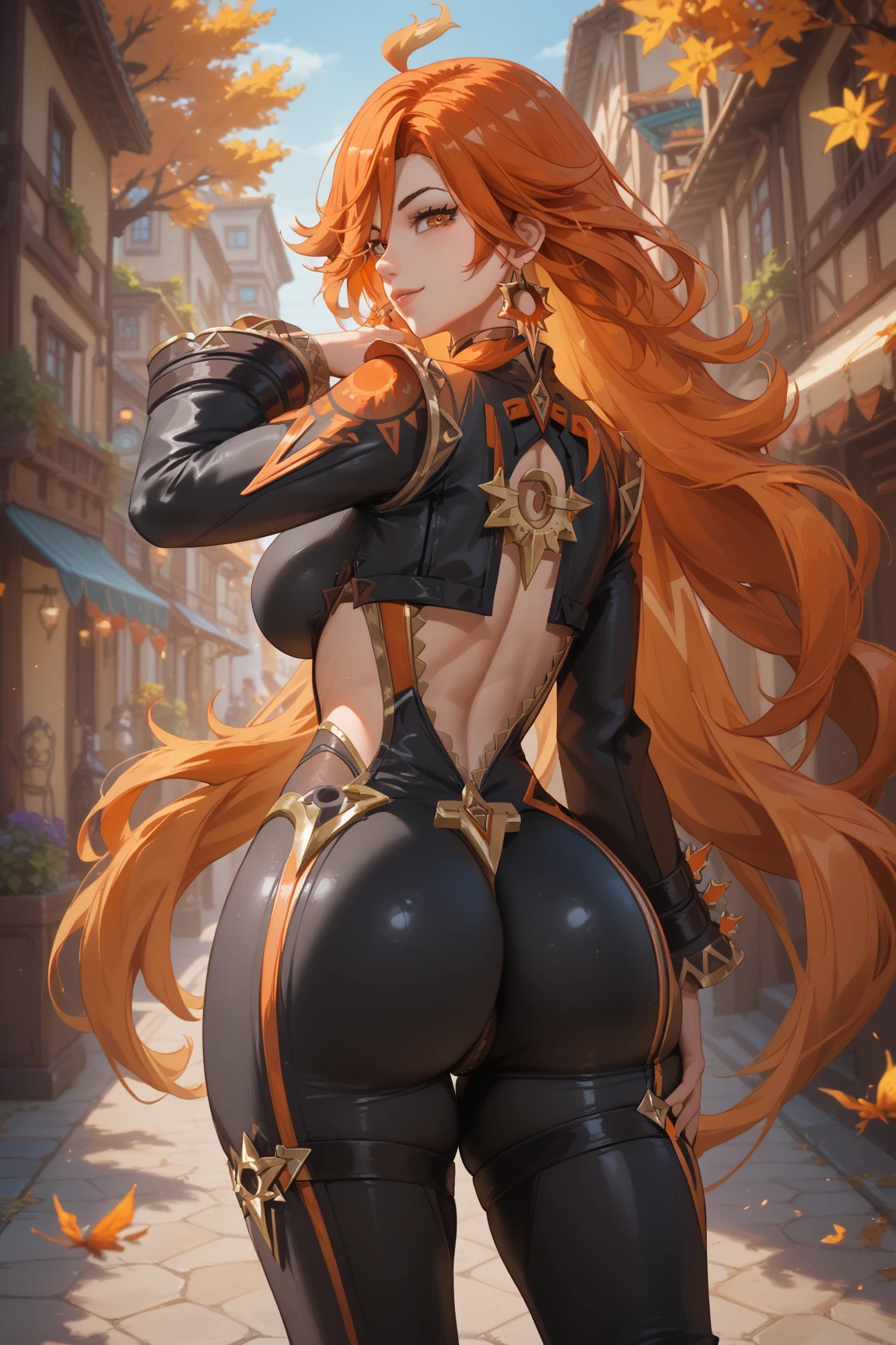 (masterpiece:1.2), (best quality1.2), detailed,, 1 latina girl ,(mature), open forehead,curly hair, (medium hair), red hair, green eyes, harness, thigh gap, small medium breasts, large hips, red lipstick, choker, (top-down bottom-up:0.8), (hunk grabs waist), (from behind)