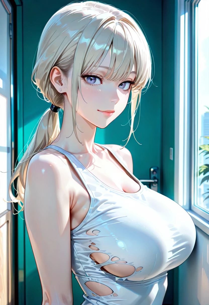 A young woman with blonde hair, realistic photographic style, blue eyes, large bust, wearing a white fitted, round neck, long, short sleeve t-shirt without bra, also a solid black cotton mini skirt, emerging from a pool, completely soaked, the t-shirt is tightly fitted and slightly sheer, full body, wide angle shot, (best quality,4k,8k,highres,masterpiece:1.2),ultra-detailed,(realistic,photorealistic,photo-realistic:1.37),portrait,photography,vivid colors,HDR,sharp focus,studio lighting