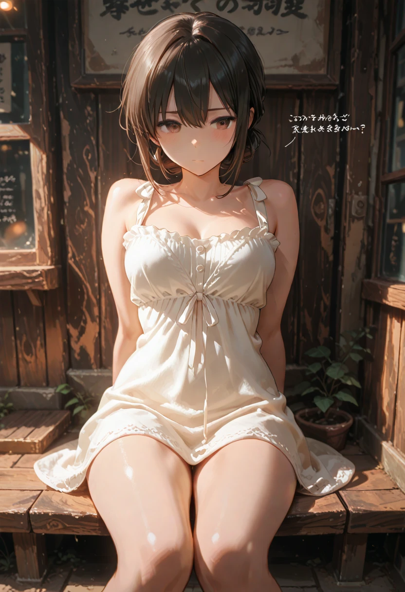(3heads:1.5), (double cleavage), (tribreasts), (masterpiece:2.0), (top-quality:2.0), (standing naked in the garden:1.5), (extremely short length camisole dress:1.5), (super sexypose:1.5), (blushed face:1.5), (hide crotch with hand:1.5), (hide chest with hand:1.5), (Spilling boobs:1.5), (realistic:1.5), under the boobs, side boob is visible, naked, 1 little girl, precise small hands, Embarrassed look, light smile, Look at me and smile, extremely cute girl, innocent face, young face, Clear eyes, Shining eyes, small breast, shoulder is visible, Tummy is visible, cleavage of the breast is visible, stomach is visible, the lower abdomen is visible, The buttocks is visible, The crotch is visible, No pubic hair, dynamic posing, The beautiful skin, ultra-definition, Top resolution, japan high school student, brown hair