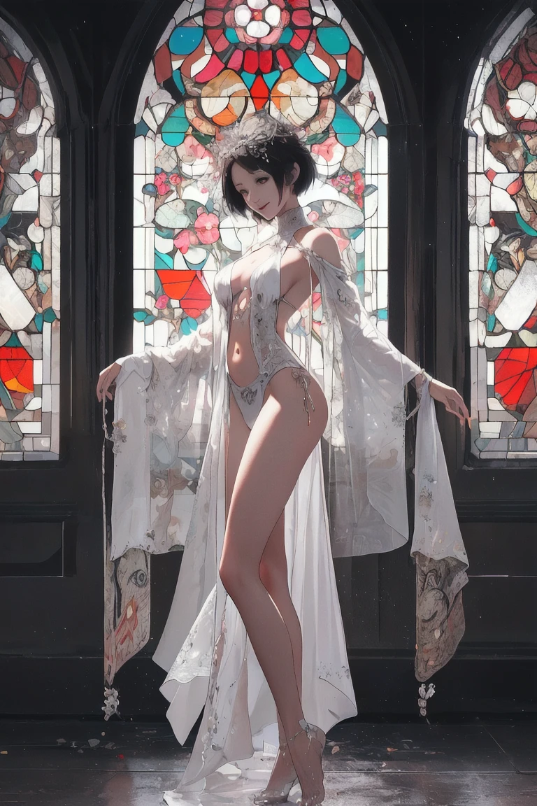 ( Masterpiece, White and vivid colors, (Exposed:1.2), (nipple:-0.9)), (((Renbutsu Misako|Misako Renbustu))), ((face variations)), { Navel | pretty Ass }, portrayed in the best quality and high resolution. The image should be ultra-detailed, realistic, and photorealistic with a touch of rawness. concept art. The color tone should be vibrant and vivid, enhancing the overall visual impact. (Whole Body proportions and all limbs are anatomically accurate), (Vivid Colorful light shines through the delicate stained glass). delicate limbs, Detail of sparkling oiled ivory skin, (short Bob, delicate wear) .