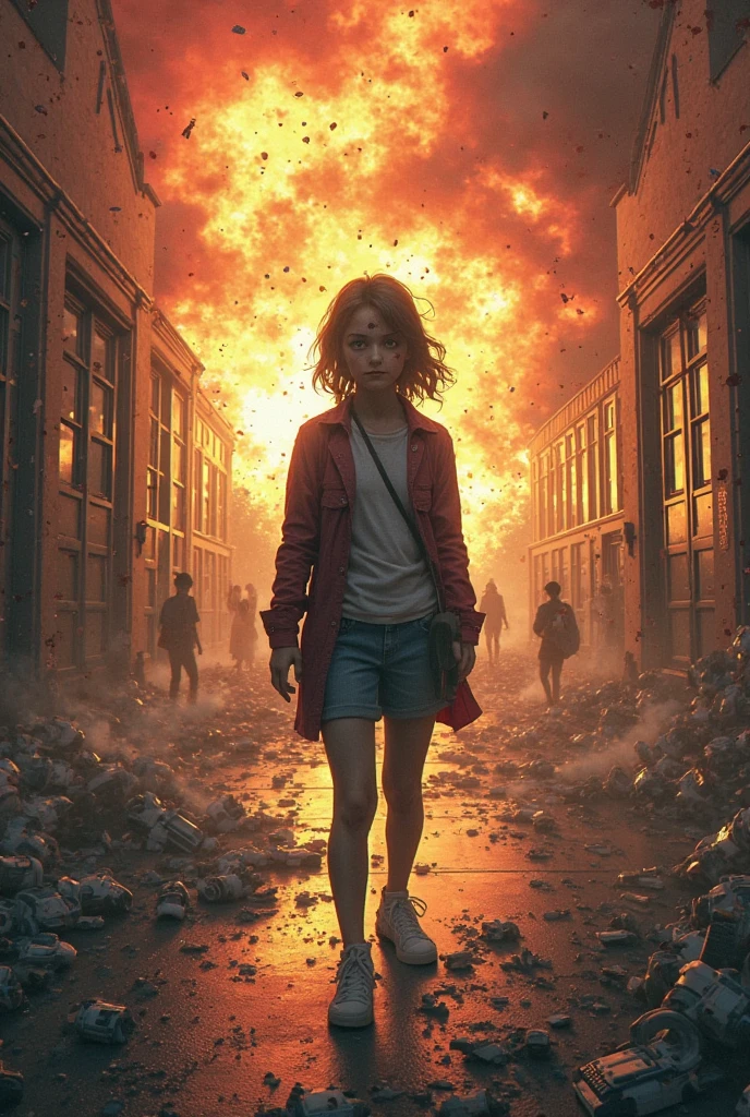 Girl fleeing a city ravaged by an apocalypse, with burning buildings, Detailed masterpiece 8k --v 6