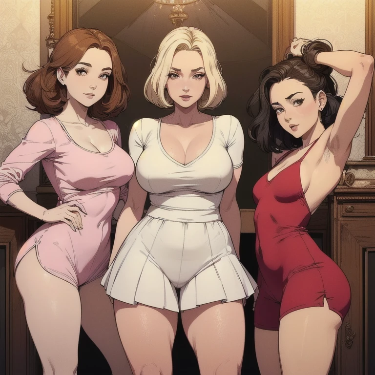 Three beautiful women looking at the camera, perfume propaganda