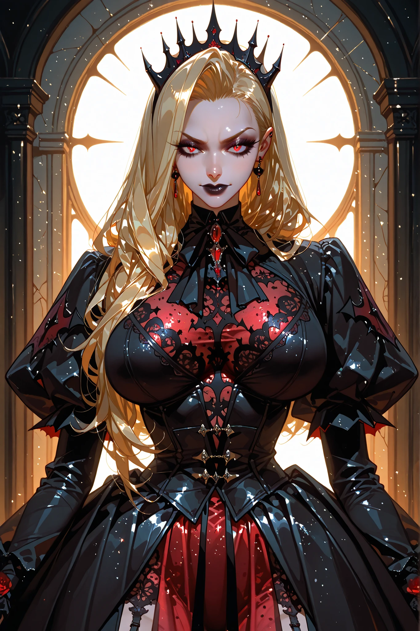 obra-prima, melhor qualidade, incredible quality, very aesthetic, absurdos, mangas, highres, beautiful vampire queen, gigantic long golden blonde hair, Gothic style, Rosas no cabelo, dark black lashes, olhos vermelhos, red lace dress , digital illustration, glitter,