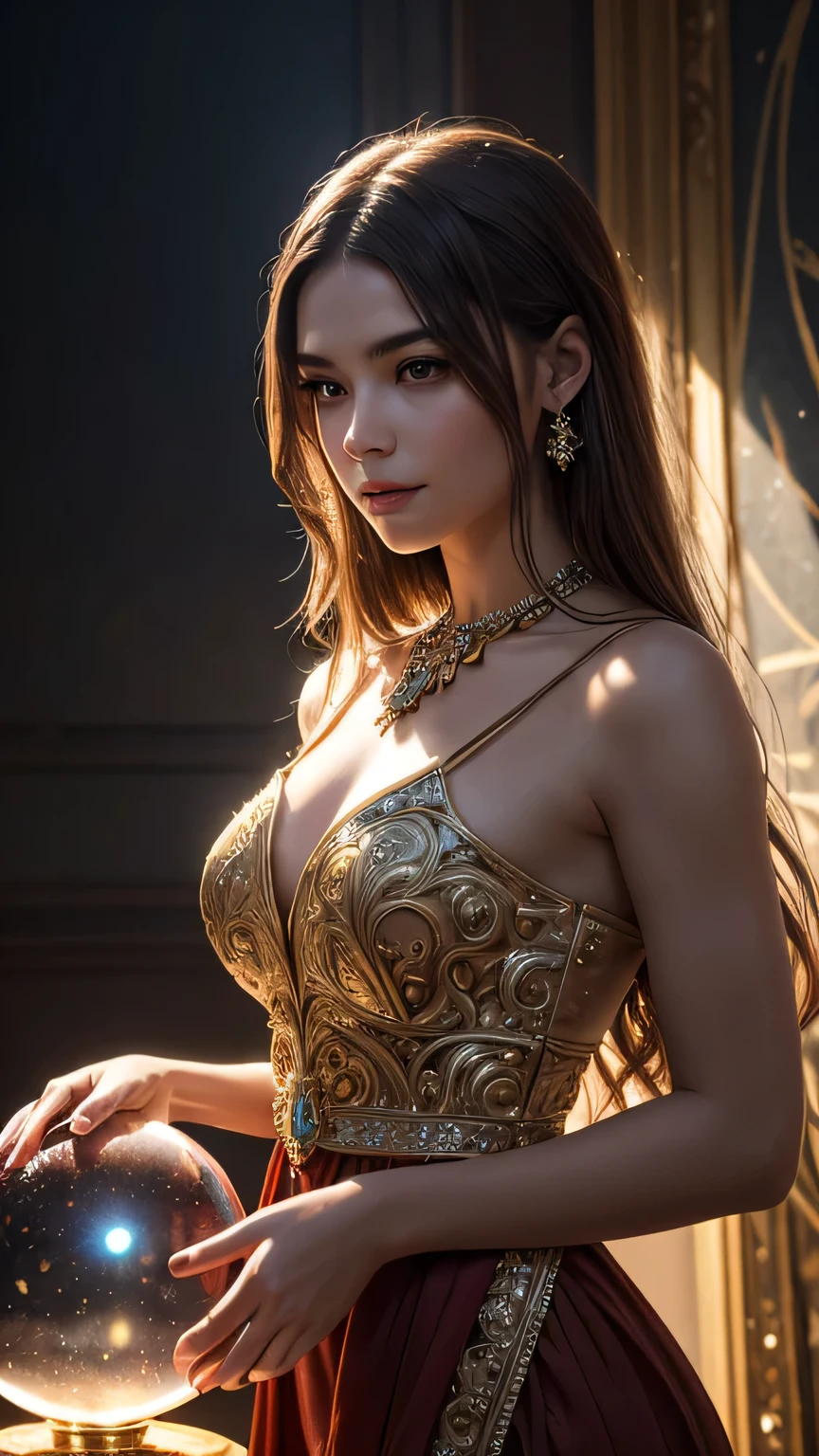arafed woman with red hair, bouncing her boobs up and down, (large boobull cleavage, heavy eye liner, ultra realistic, concept art, intricate details, eerie, highly detailed, photorealistic, octane render, 8k, unreal engine. art by Artgerm and Greg Rutkowski and Alphonse Mucha, silk dress, long wavy red hair, realistic, ultra detailed, perfect eyes, realistic eyes