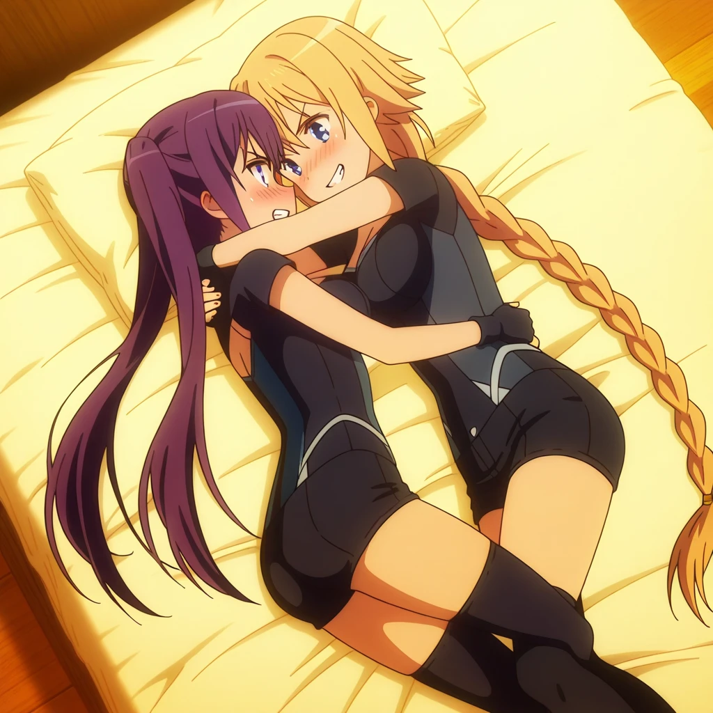 a photograph of a blonde Jessica Nigri woman wearing a score_9, score_8_up, score_7_up, source_anime,
shadowdelta, delta, long hair, black hair, animal ears, purple eyes, cat ears, animal ear fluff, facial mark, smile,
bodysuit, black bodysuit,
indoors, bed, bed room, on side, blush, drunk,
looking at viewer, cowboy shot, dutch angle,