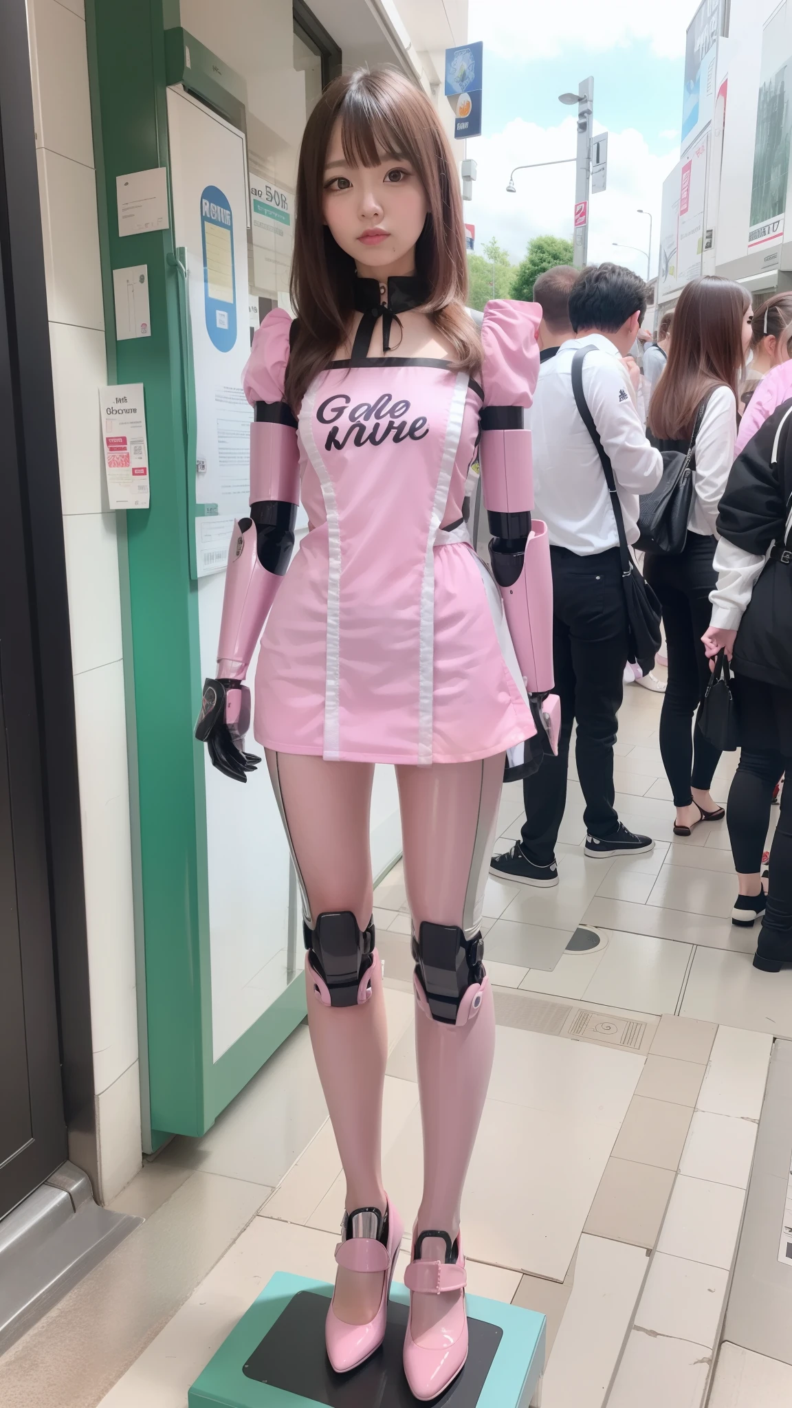 (Photorealsitic:1.4)、Onegirl、(top-quality),(hyperdetailed face)、(Super well-formed face)、((Robot Parts))、(Cyborg girl)、(gold)、(metalic)、(fullllbody)、(Moe Pose)、(Slender body)、(tits out)、(Model body type)、(mecha exposure)、(akihabara)、(is looking at the camera)、(A dark-haired)、(９Head and body)、(a small face)、(Idol)、(front facing)、(is standing)、(Photo session)、(Looks sad)、(Cyborg girl in pink satin dress)、(sleeve less)、(a miniskirt)、(corrupted)、(Mender)