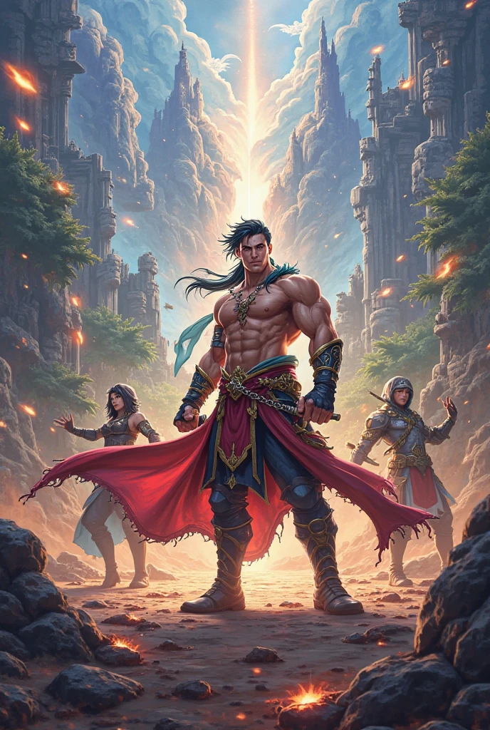 Create an image of Ashara, a skilled warrior from the Dragon Clan. He should be depicted in battle-ready attire with dragon motifs, holding a spear. His expression should be determined and focused. The background can show a training field surrounded by mountains and trees, highlighting his role as a formidable fighter."