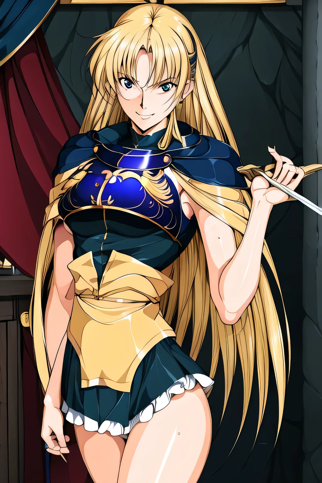 face is absolutely necessary,Forest bathing,can you draw a woman strolling through a quiet forest,A woman with a lovely smile,Can you draw a standing figure,パンティはminiskirtで隠れてます,Blonde Long Hair,Smile, Please draw your expression delicately ,,Medieval Knightのダークブルーゴールドぺイニーク,Bareleg,Large breasts but a slim waist,miniskirt,white panties,Around the sword,it's important to draw 5 fingers accurately,Please draw 2 beautiful legs accurately,Sexy 30 year old,If possible, I want to see my whole body ,Please calculate and draw so that her face isn't cut,It's a pity that if you cut your face, you have to throw away your work,