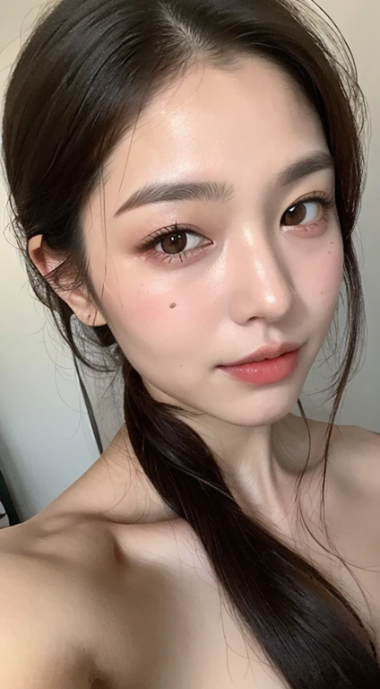 ((best quality, 8k, masterpiece: 1.3)), 1 girl, Slim Abs Beauty: 1.3, ( Casual and cute hairstyle: 1.2), : 1.1, Charming face expression of enjoyment and desire, Detailed eyes, double eyelids, With earrings, bedroom, Concert makeup, ((Medium breasts nude, cute breasts)), (Lying in bed), (The portrait was taken from above her lying body)