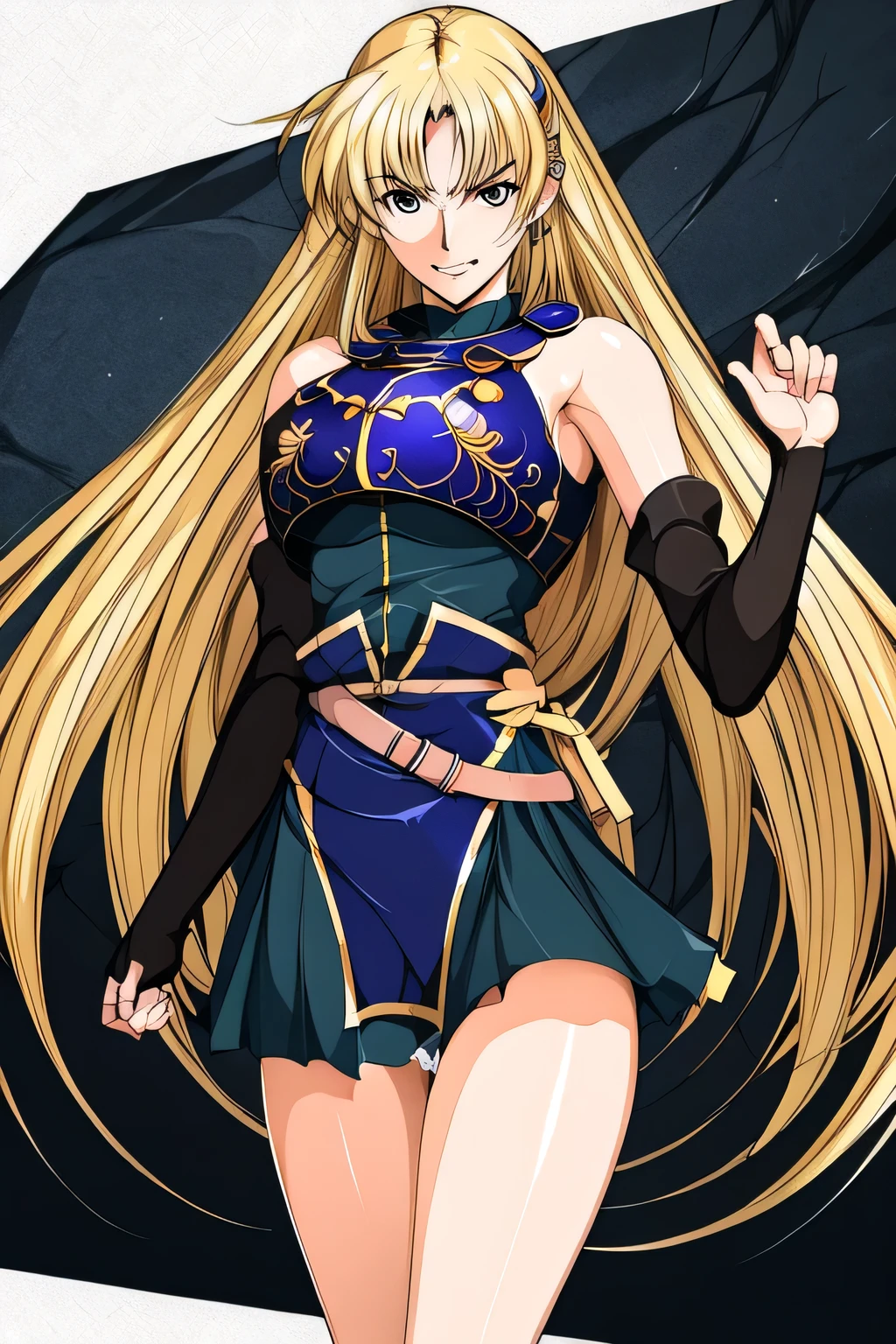 Girl, long blonde hair, brown eyes, smiling, black diadem , Black metallic armor(golden details), heavy armor, big breast, cleavage, skirt, wide hips, large thighs, anime style, masterpiece, chocker, metallic breastplate,athletic body, holding swords,
