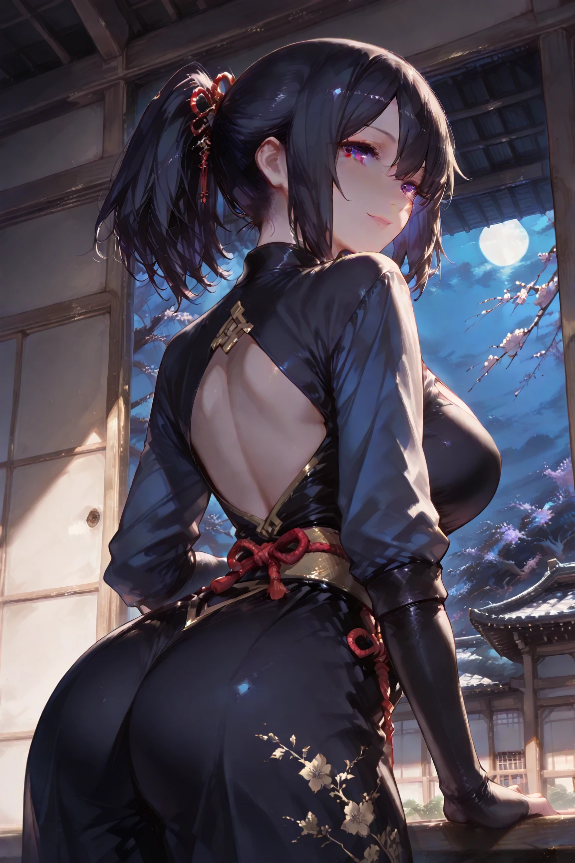 masterpiece, best quality, an extremely delicate and beautiful girl,an extremely delicate and beautiful, world masterpiece theater, ultra-detailed, highly detailed, best quality, blonde hair, highres, extremely detailed,1girl, best quality, illustration, looking at viewer, impasto, canvas, oil painting, realistic, realist ,real, raiden shogun, genshin, ass view