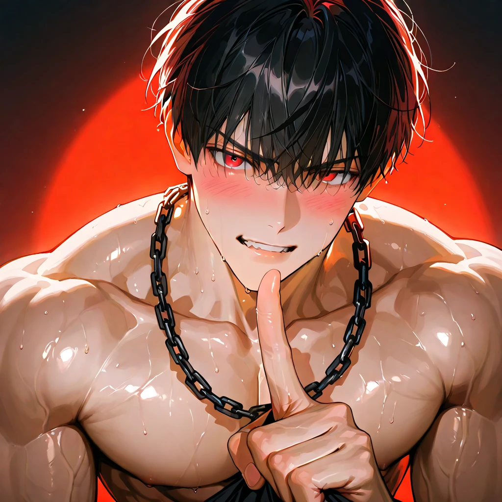Focus on men. A man was grabbed by a group and raped. He has short black hair and his right eye is hidden by his hair. red eyes. A man with an expression of either ecstasy or despair. An obscene red tattoo on the man's stomach. A large amount of semen drips from the asshole. Breast milk overflowing from a man's nipples. black gloves. Half of the focal man's clothes were pulled and torn. Semen coming out of the penis. The man's right eye is hidden by his hair. The man is also restrained with chains. His expression is like climax sex.