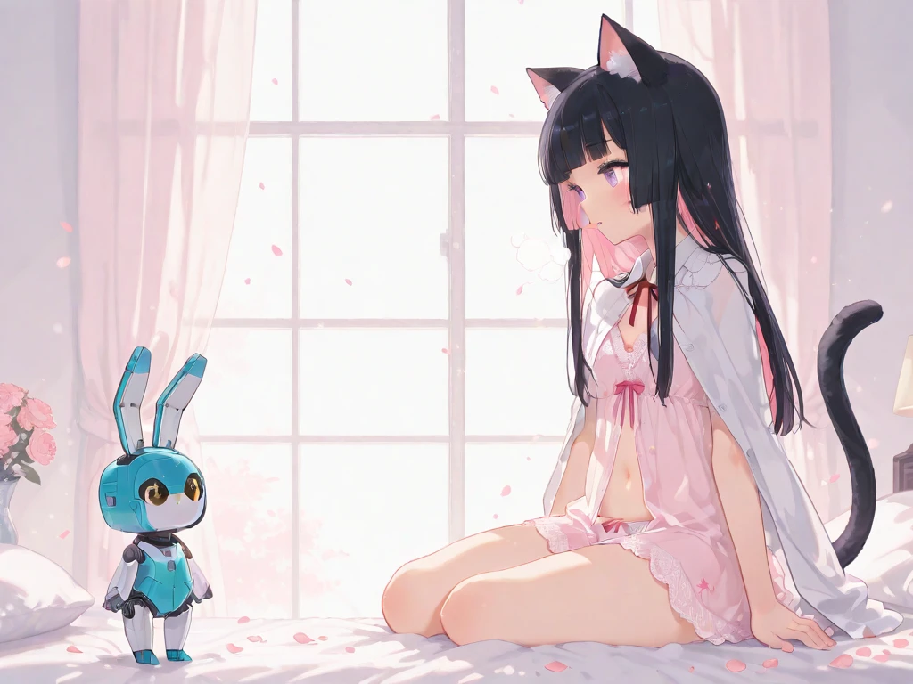 Pink maid clothes,A dark-haired,Long,Bangs,white glove,White High Socks,Black shoes,child,petite body,Delicate body