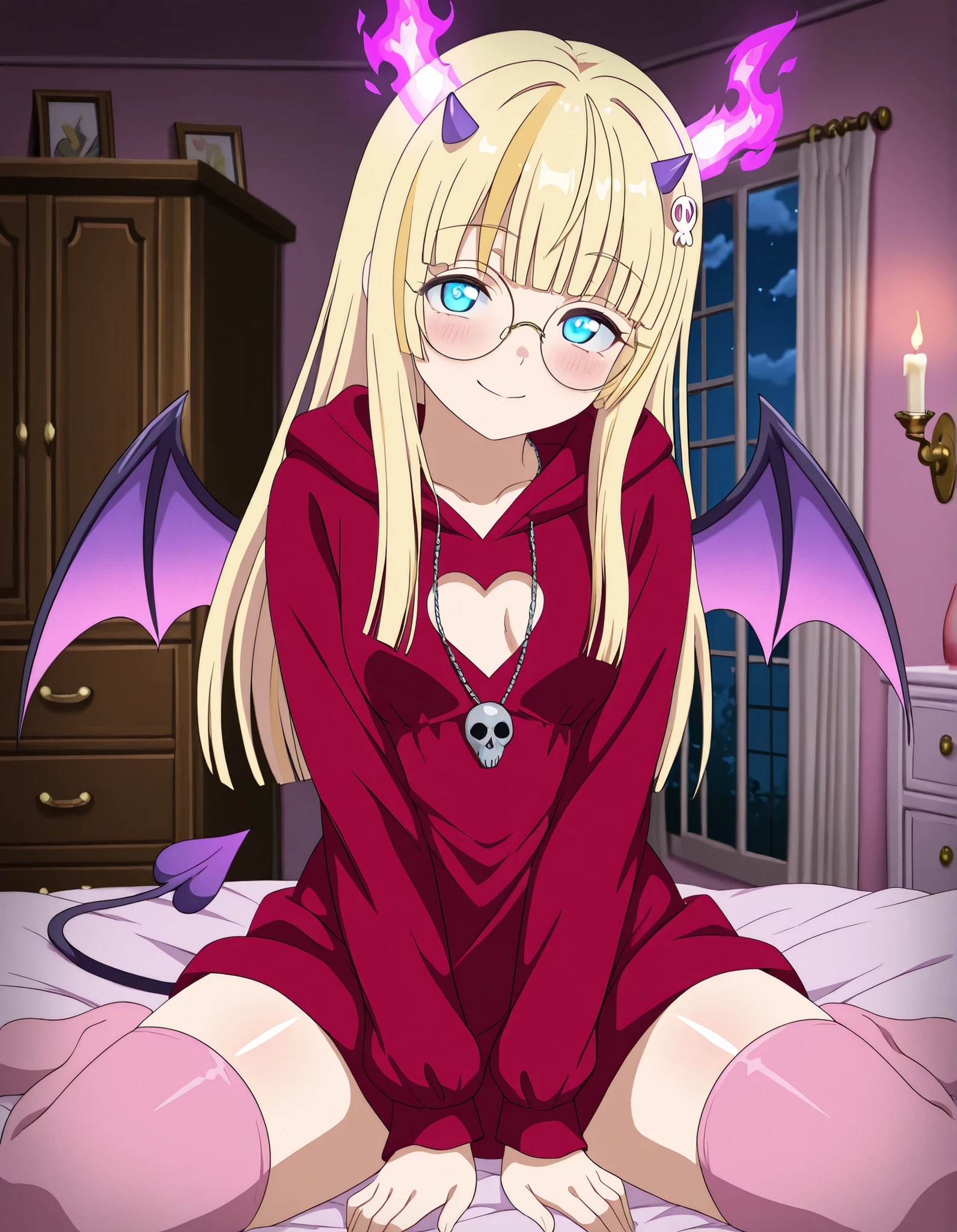 masterpiece, best quality, 1girl, (small horns, purple horns, fiery horns, demon wings, demon tail) , small breasts, curvy body, upper body, ,(from the front), blush, seductive smile,  closed mouth, looking at viewer, skull necklace, (blue eyes, tareme eyes) , (round eyewear, glasses, shiny glasses, rabbit hair ornament) , (long hair, sidelocks, hime cut, blonde hair, multicolored hair, purple streaked hair, blunt bangs, straight hair) , (red hooded dress, heart cutout, jewelry, pink thighhighs), (indoors, night day, time, bedroom, pink bedroom, cupboard, candles, heart) , (Hands on crotch, glowing, purple aura, pink flames, wariza), low lighting, soft focus, dof, night sky, moonlight, motion blur, , anime coloring, particles, effects, aesthetic