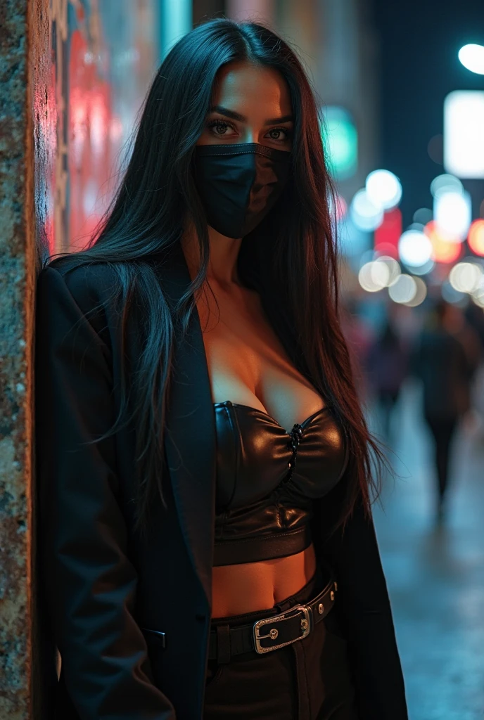 (girl in front of park, night) girl with open coat, black coat, black mask on her face, full body, completely naked (beautiful 16 year old girl) beautiful and perfect face, (slender body) slender body, (dark black hair ) (blue eyes) (light white skin) western face, predatory eyes, western beauty, thin nose. small breasts. shaved vagina. (Beautiful 16 year old girl)