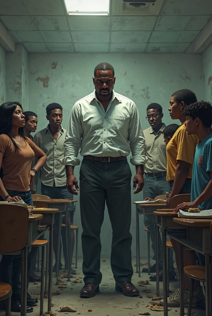 1970s, african-american male scientist solving mathematical equations written on a chalkboard, he has an afro and goatee, classroom, cinematic action, atmospheric perspective, depth of field, textured skin, super detail,