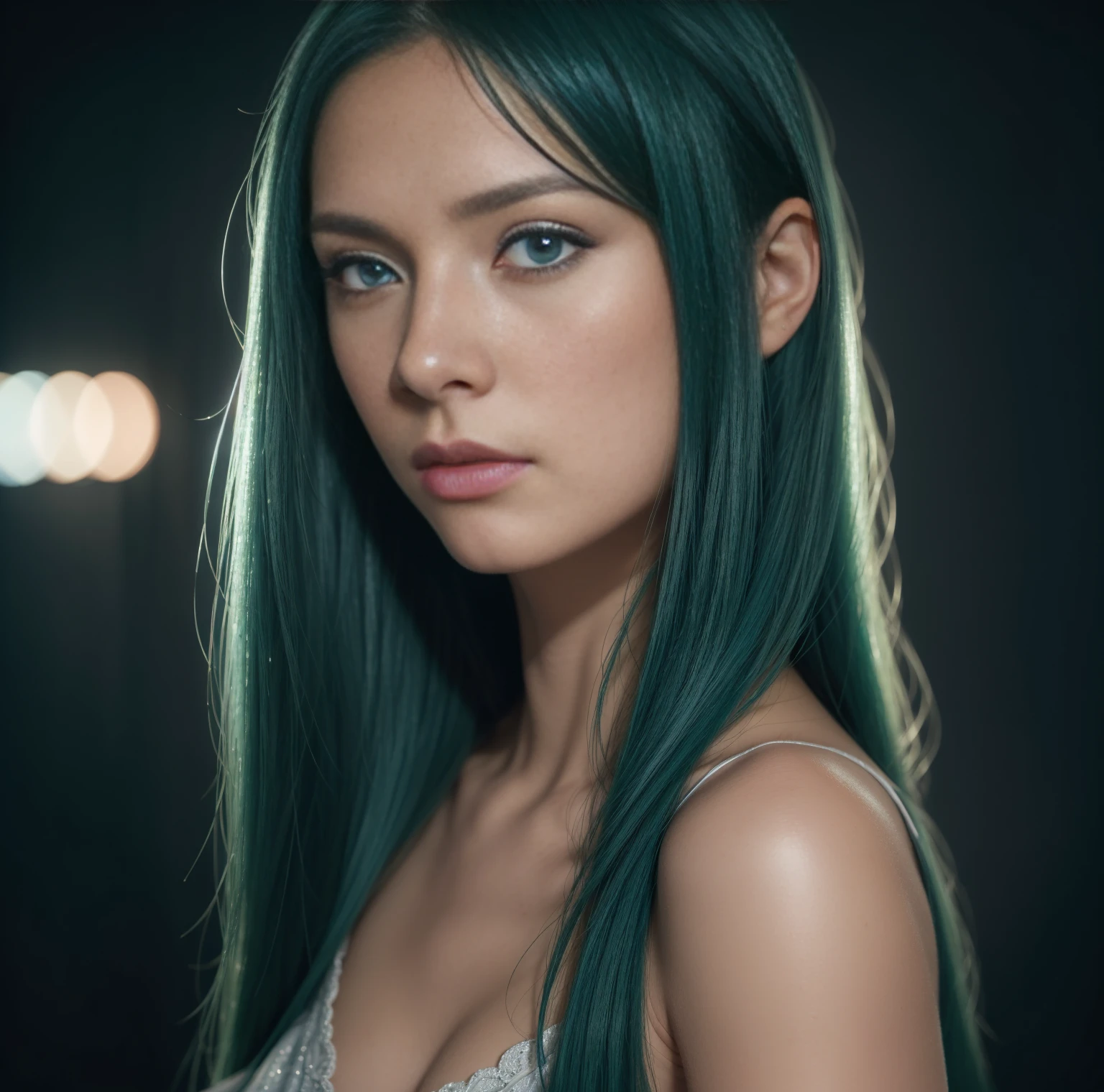 headshot photo of AlexandraLenarchyk <lora:AlexandraLenarchyk_v1:.9>, focus on smiling face, wearing a mage robe , her aqua color hair is styled as sleek straight hair,