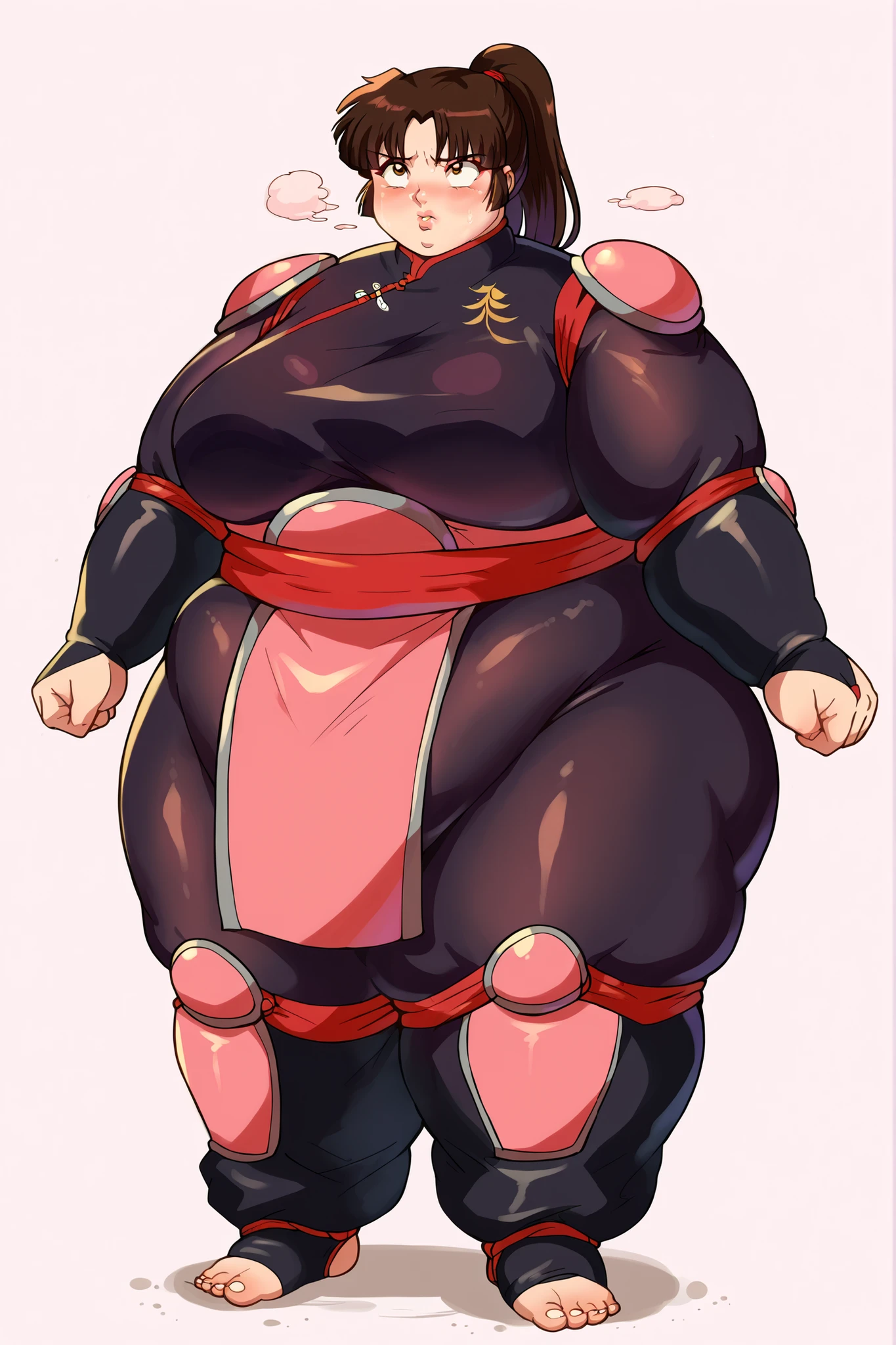 anime screencap, score_9, score_8_up, score_7_up, source_anime BREAK sango, 1girl, solo, brown hair, parted bangs, high ponytail, brown eyes, simple background, white background BREAK full body, standing, black bodysuit, mandarin collar, pink shoulder armor, pink elbow pads, pink knee pads, red obi, giant hands, giant feet, fat, chubby, obese, gigantic arms and legs, gigantic breasts, sagging breasts, full body shot, fat face, chubby face, double chins, big lips, swollen lips, sweating, sweat stains, steam clouds, grease stains, flustered, swollen face, Fat_neck , Fat head , eyes with crushed cheeks , nose with crushed cheeks , mouth with crushed cheeks , chin roll