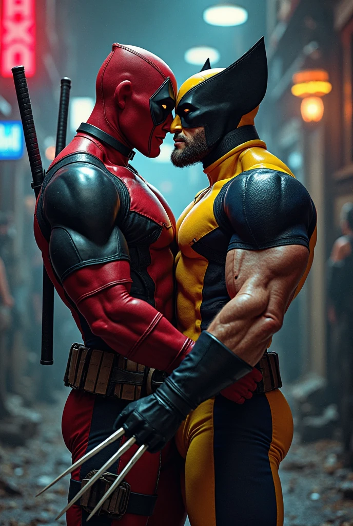 Deadpool kneels down and takes off worlverine's pants to look at worlverine's dick,sister, Sharp, Pretty, uncovered