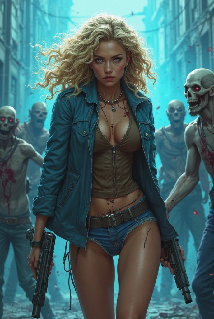 Create an image of a stunningly beautifully gorgeous perfect young sexy post apocalyptic girl, Stunningly gorgeous beautiful sexy perfect face,detailed vibrant eyes, long luscious eyelashes,black eyeliner, black eye shadow, curved eyebrows, lipstick, thick long messy dutch hair, metal plated apocalypse outfits, gigantic breast, sexy slim waist, curved hips, knee high boots, stockings, post apocalyptic background, full body view, surrounded by zombies,