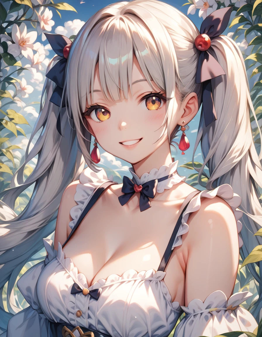 1girl, solo, village, trees, sun, clouds, ((colorful hair)), ponytail, large breasts, ((bunny girl)), cleavage, blue eyes, grin, looking at the viewer, ((standng)), hair ribbon