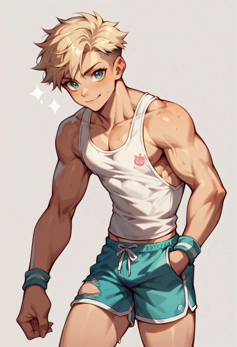by betm!, 1boy, solo, twink, white hair, red tank top, clothes lift, purple shorts, navel, pubic hair, dirty clothes, baseball bat, male focus<lora:betm!-step00000200:0.6>