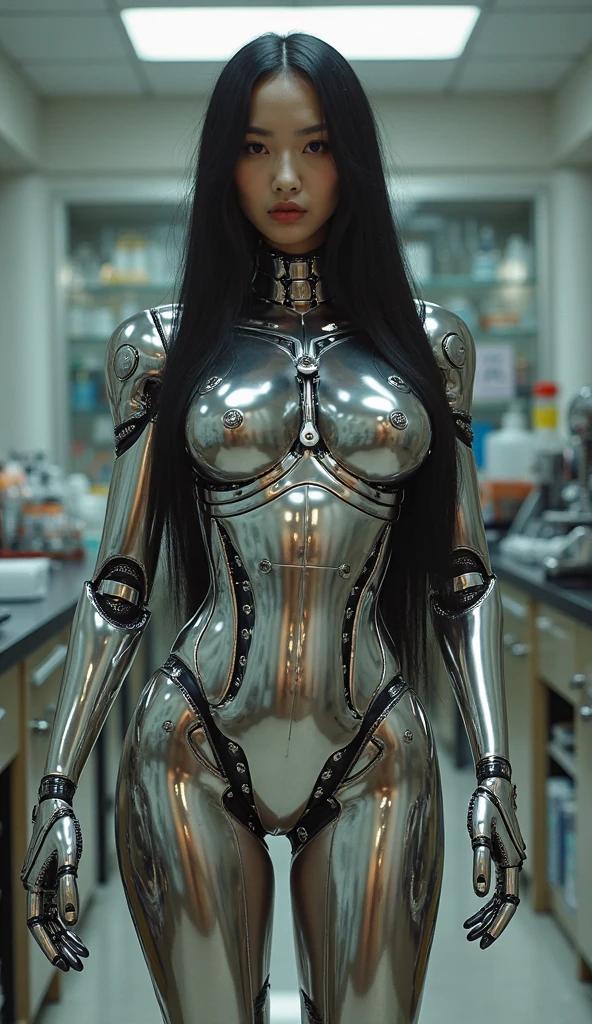 (far shot, full shot), photorealistic masterpiece, photoshoot, hasselblad photography, face, (skinny) Adult waitress wearing a silver (latex mask, l, open latex catsuit:1.5), (large breasts, perfect cleavage, round breasts, plunging neckline:1.2), extremely detailed face, beautiful face, cinematic lightning, (studio lighting), (serving in a restaurant, holding a plate, dishes, food, serving:1.2)