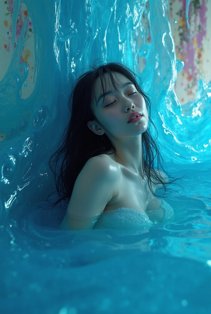 A girl in suspended animation inside a liquid capsule、Many bubbles、A striking RAW photograph of a Japanese cute young nude スレンダー idol model セミロング black hair in a white micro bikini, suspended in a sleek, (((futuristic floating capsule.))) The model's body seems devoid of life, with her eyes closed and limbs relaxed. Surrounding her are swirling liquid bubbles and floating elements, creating a surreal and dreamlike atmosphere. The state-of-the-art medical research facility in the background showcases advanced life-sustaining equipment, highlighting the sci-fi and cinematic elements. The image masterfully blends fashion, photography, and artistic vision to create a captivating and thought-provoking piece.