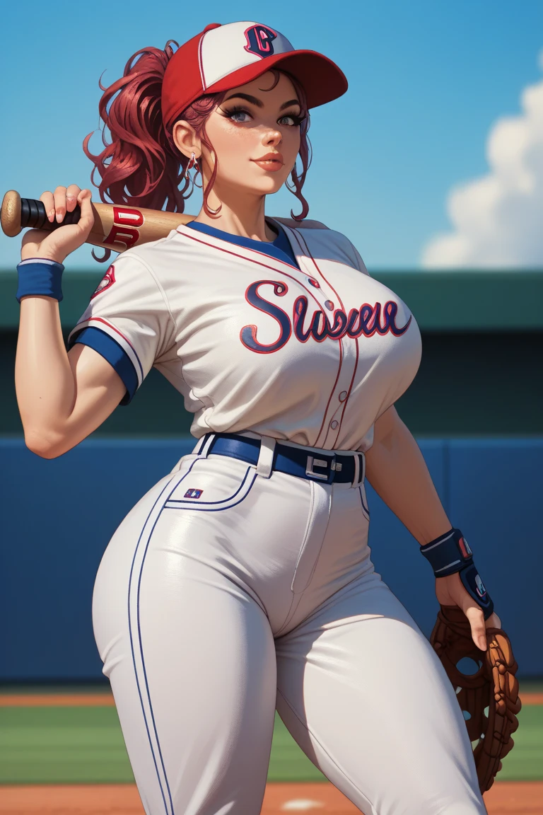 1980's, female, inflating JordanCarver, red hair, blue eyes, makeup, extra long hair, earrings, halo, (blow bubble gum:1.2), (Baseball blue and gold uniform with pants), (blue and gold baseball cleats), (wearing bright red baseball batters cap), (big breasts:1.3), (muscle inflation:0.9), (bulky muscular legs), (bulky muscle:1.1), (blow bubble gum:1.4), pleasurable look on face, standing on outdoor baseball home plate in all female sports stadium, (pitching baseball towards camera)