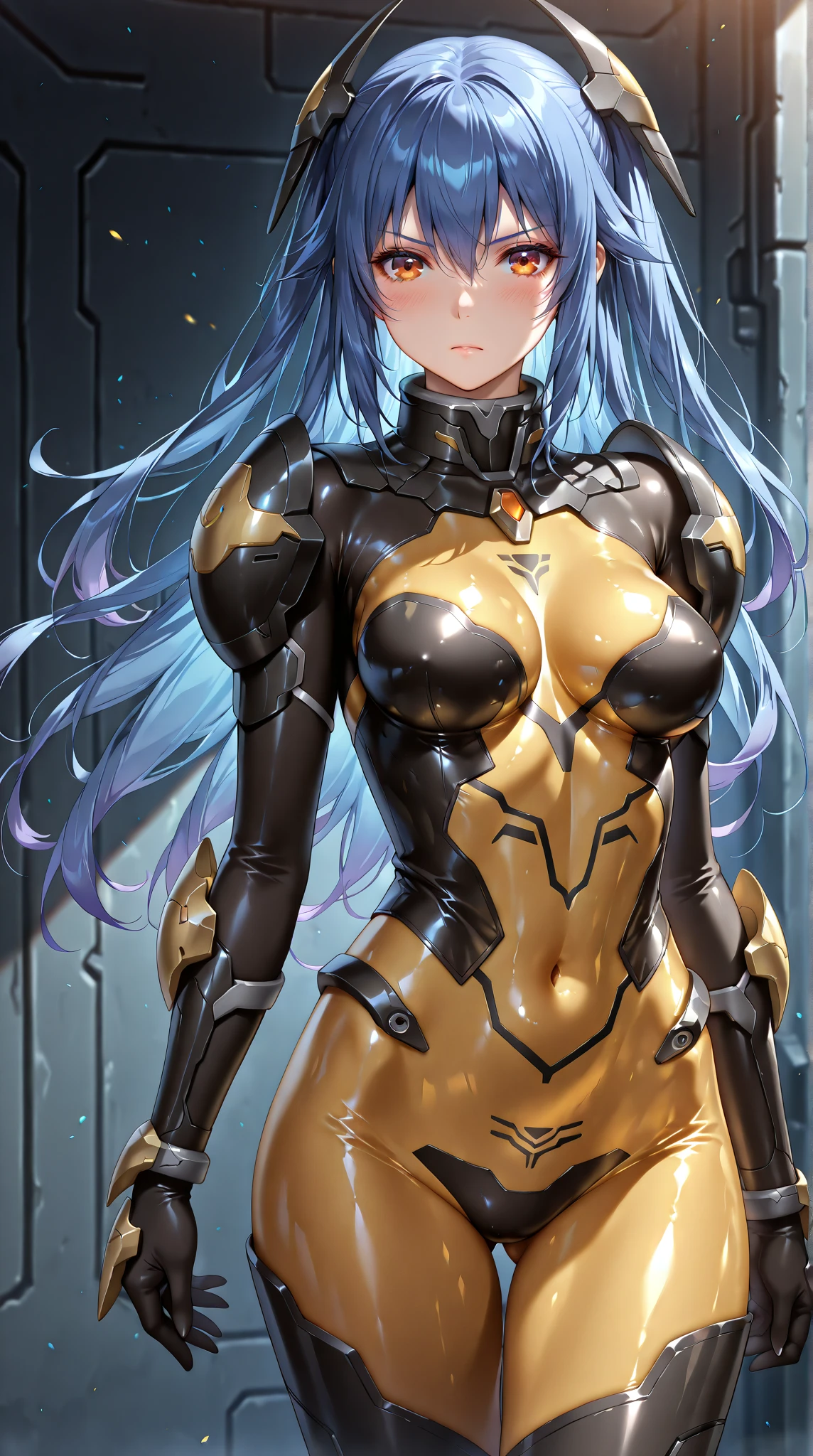 (mulher de cabelo grisalho prateado:1.2, pele escura:1.1, olhos azuis) (seios pequenos) Sci-fi style in a futuristic setting, com uma vibe vibrante em tons de vermelho-amarelo, usando um uniforme branco deslumbrante.