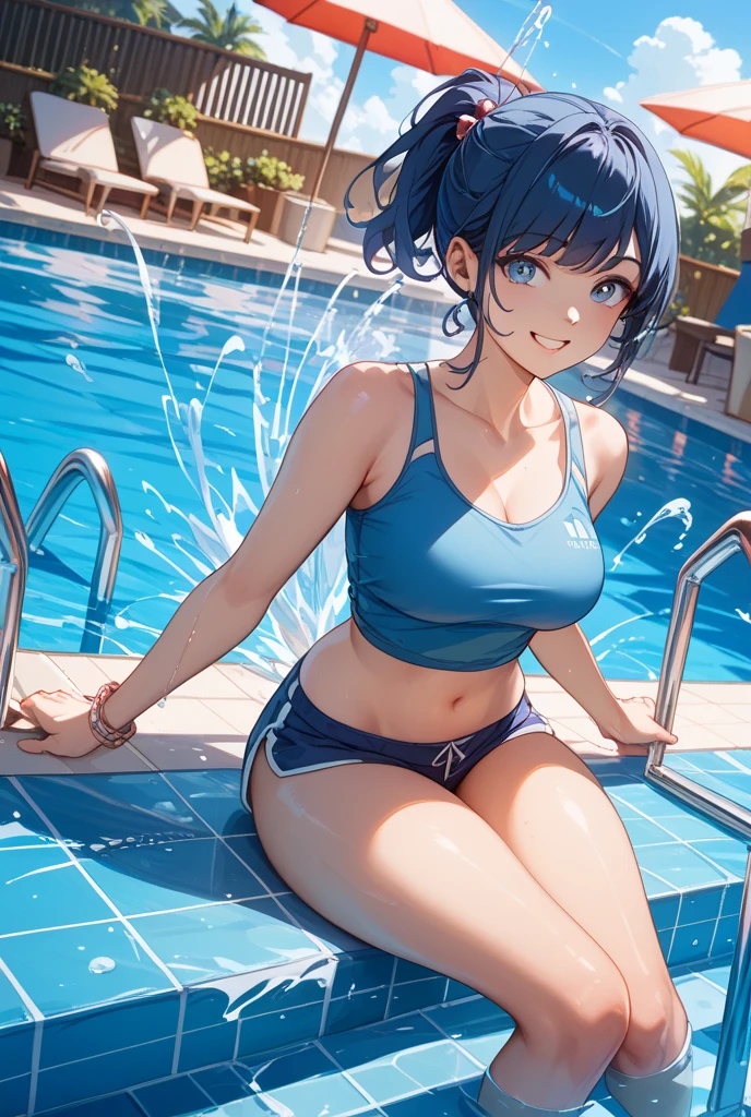 A masterpie, hig quality, 8K, beautiful lighting, 1girls, 独奏, Akane, bikinis, whiteshirt, T‐shirt, Blue Short, short haired, tousled hair, Sleeveless, looking at the viewers, pools, Large swimming pool, Water drips, laying on back, Shameful face