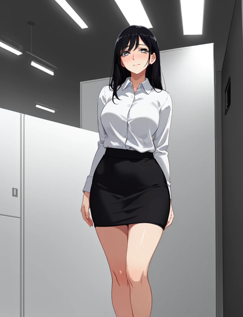 (flat color),colorful,(masterpiece:1,2),best quality,masterpiece,highres,original,extremely detailed wallpaper,looking at viewer,masterpiece,best quality,Office women,Work attire,Hip wrap skirt,White stockings,earring,smile,Shyness,estrus,Undressing,student,pants pull,