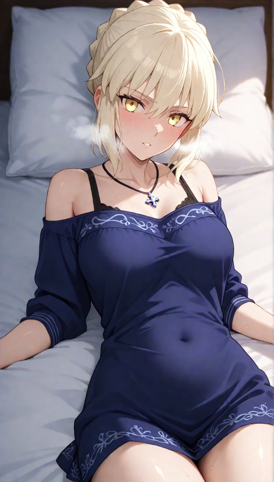 Cute-sexy girl with short blonde hair, yellow eyes and wearing royal clothes, having an orgasm masturbating while lying on a white bed. The right hand inside the pussy