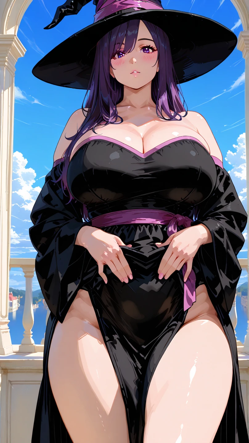 best quality, masterpiece, 1girl, (solo:1.1), raytracing, ultra detailed,detailed face, 8k wallpaper, wide hips, komi_shouko, 1girl, purple hair, purple eyes, large breasts, long hair, open clothes, black robe, white shirt, smile, outdoor, hands on hips