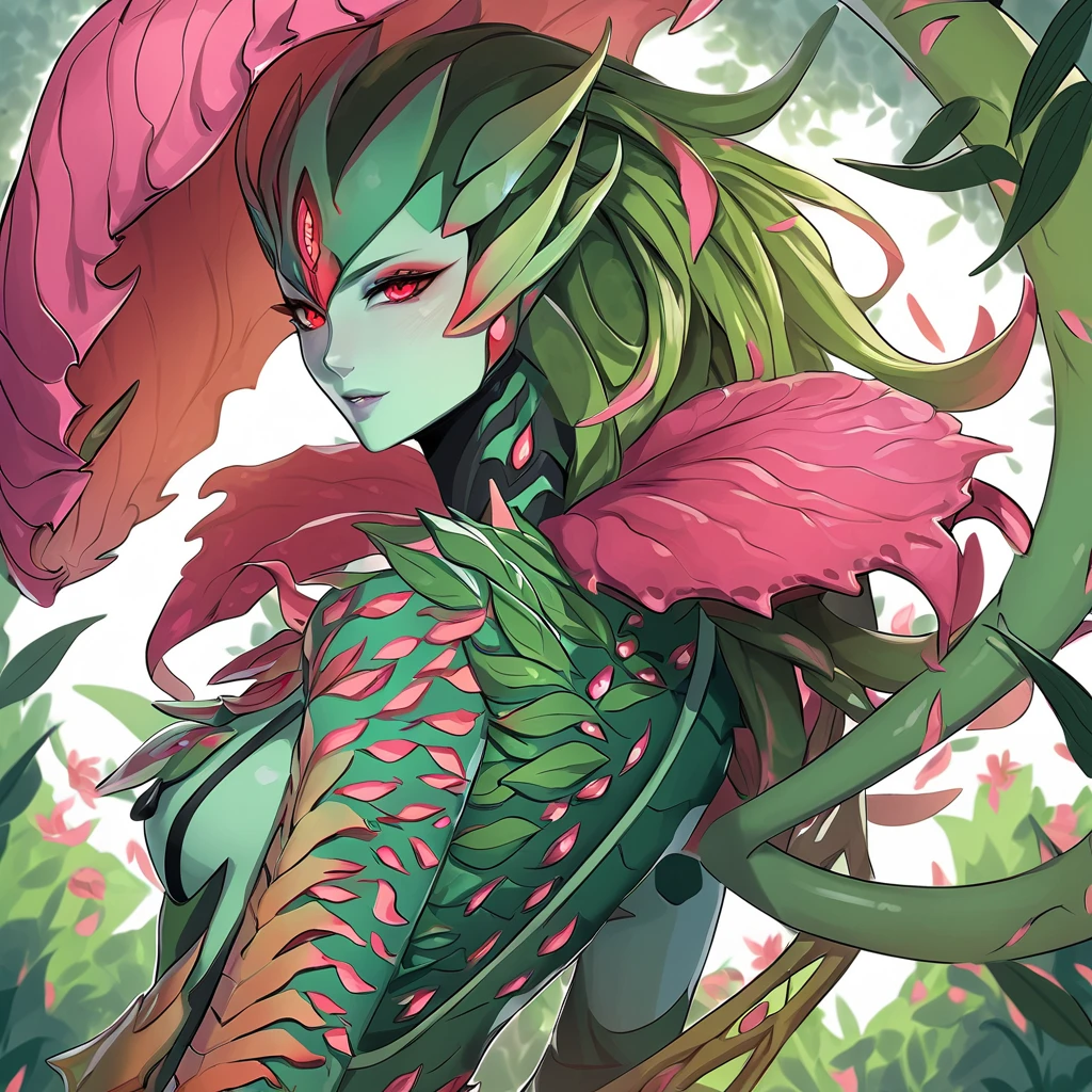 Cartoon photo of woman in green and red costume, hot insect humanoid woman, Guyver style, SFW version, red eye, scaraber reploid, tentacles imitating snake tail, cel shade adult animation, alien queen, serpentine pose, --auto --s2
