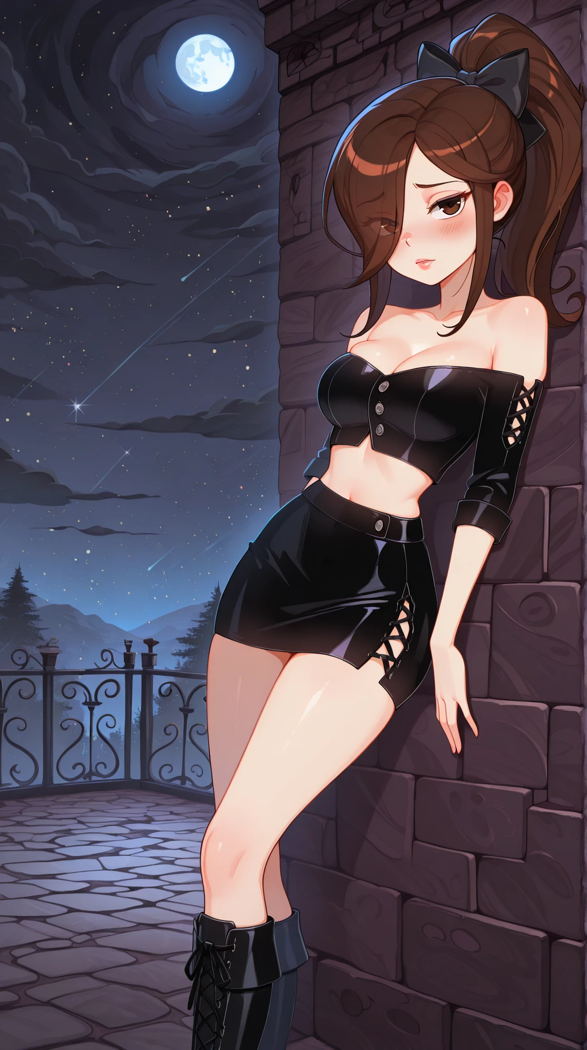 (Ultra Realistic), (Illustration), (Increased Resolution), (8K), (Extremely Detailed), (Best Illustration), (Beautiful and Detailed Eyes), (Best Quality), (Ultra Detailed), (Masterpiece ), ( wallpaper), (detailed face), Milf, mommy, fine detail, detailed face, in the dark, deep shadows, low key, bust,long legs, wide hips, legs apart, horns, vintage dress, corset, night, moon, stars,