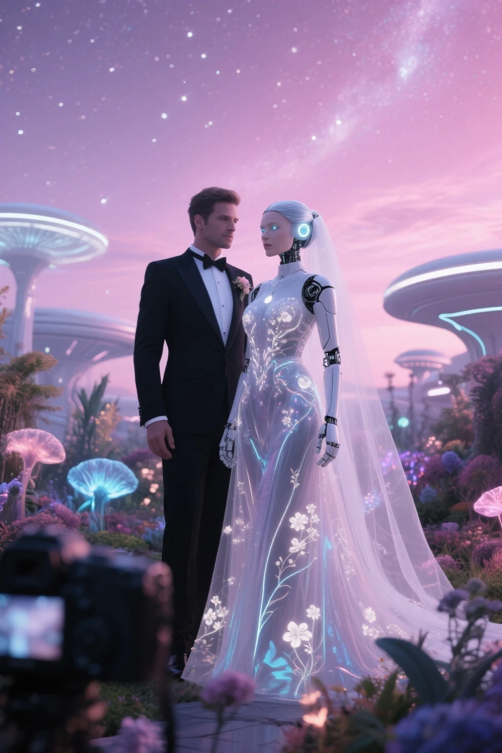 there are two people standing next to each other in a party, in a cyberpunk garden, futuristic avatars, cybersuits, cyberpunk nightclub, diverse cybersuits, holographic suit, cyberpunk art ultrarealistic 8k, cybernetic glowing, altered carbon style, cyberpunk garden, cyberpunk strip clubs, sci-fi night club, beeple and alphonse mucha