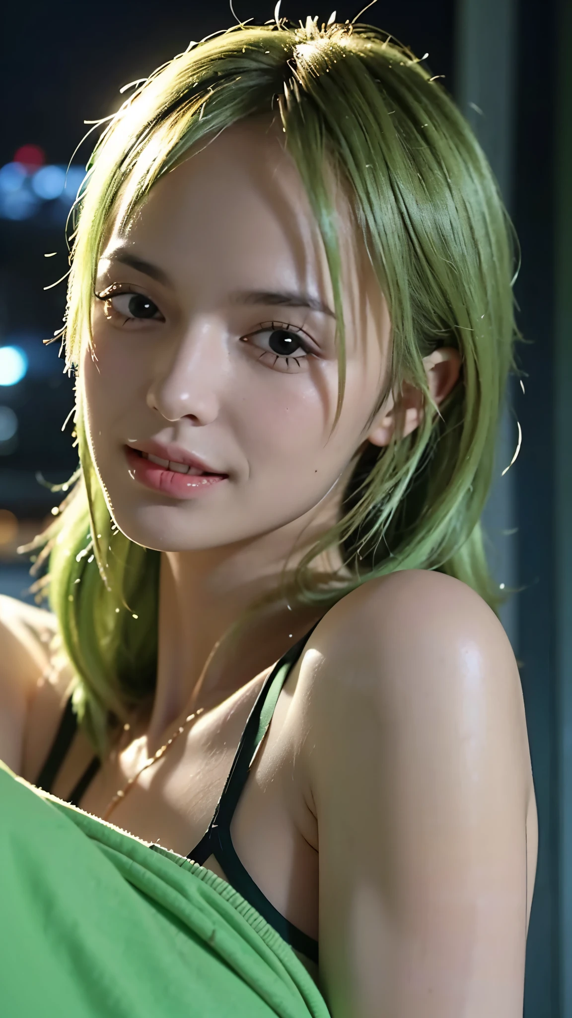 "A hyper-realistic portrait of a beautiful woman inspired by Monet from One Piece, reimagined in real life. She is smiling gently, with striking green eyes and long light green hair styled elegantly. Her look is captivating and ethereal. She is dressed in modern, fashionable clothing — a sleek blazer, stylish trousers, and subtle accessories. The setting is a vibrant modern city with skyscrapers and urban lights in the background. The lighting is soft and cinematic, like a professional model photoshoot. Shot with a DSLR, high-resolution, super detailed, photorealistic style, natural skin texture, realistic lighting, magazine fashion photography."