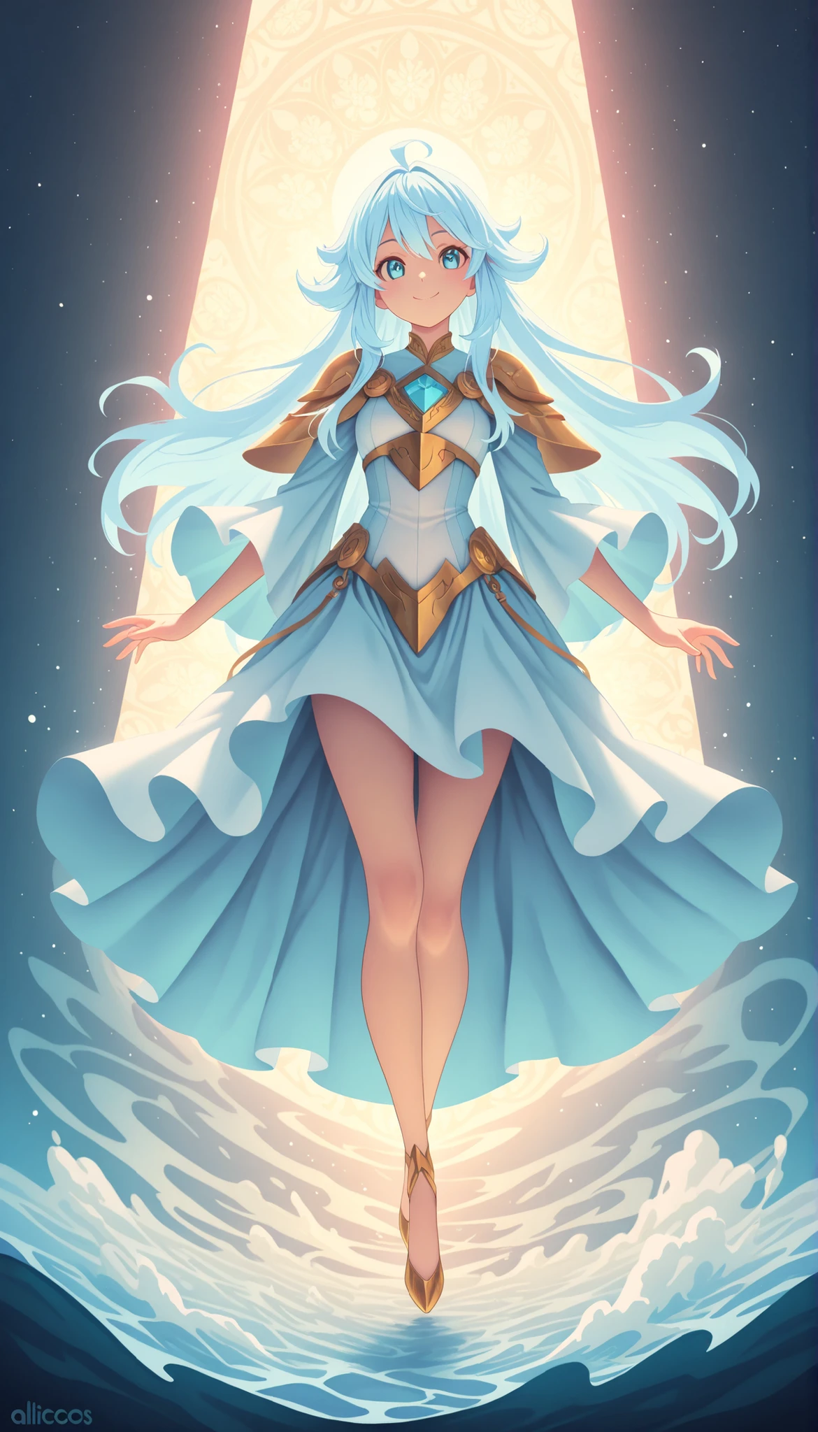 (masterpiece:1.2), (top quality:1.2), super high resolution, very detailed, perfect lighting, solo, Light Blue Hair, Semi-long, unkempt hair, Smile Yan, Full Body, otherworldly fantasy, cute, pastel color, anime style illustration,anime illustration, Calm sea background, ALISCOS , dynamic pose, Illustration with an ocean motif