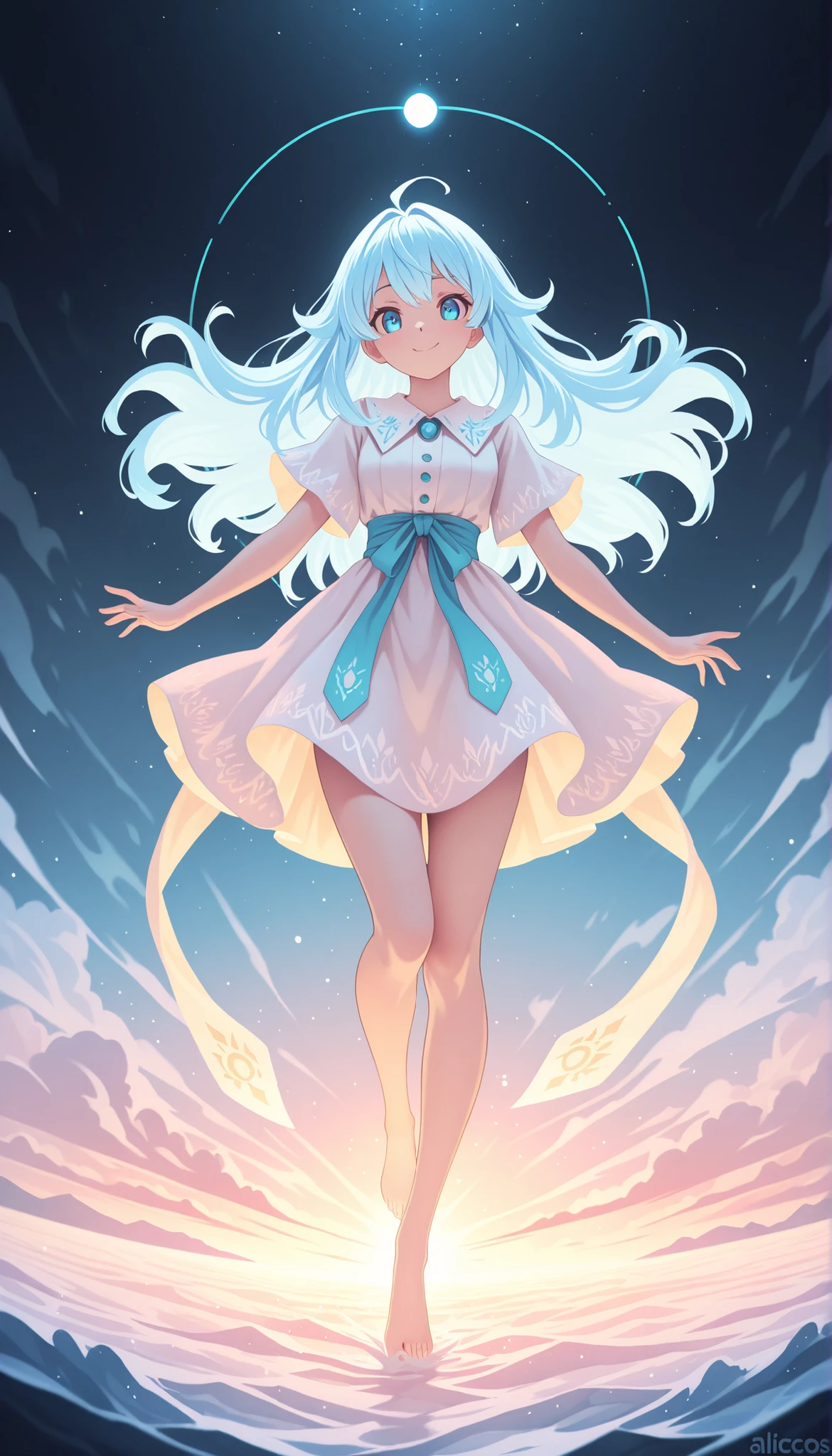(masterpiece:1.2), (top quality:1.2), super high resolution, very detailed, perfect lighting, solo, Light Blue Hair, Semi-long, unkempt hair, Smile Yan, Full Body, otherworldly fantasy, cute, pastel color, anime style illustration,anime illustration, Calm sea background, ALISCOS , dynamic pose, Illustration with an ocean motif