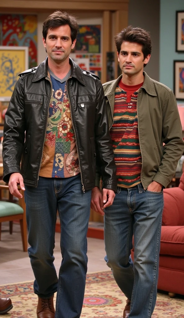 2heads,1man,( big bulge:1.1), 47 years old,20 years old,sexy Argentinian, short hair,platinum blonde, brown hair, wearing a colorful turtleneck sweater, colorful shorts, looking at viewer with lust,crows feet, mature, standing inside a seventies library,crotch dripping, holding books