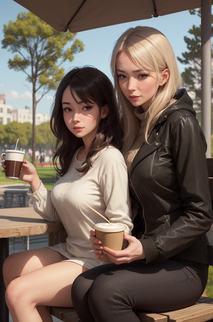 (masterpiece, best quality:1.4), (modern days), (cowboy shot), 1girl, solo, pov, sfw, stunning girlfriend, (standing:1.1), dynamic pose, (white oversized sweater, knit sweater:1.4), (skinny yoga pants, dark gray yoga pants: 1.4), (navy short jacket, denim jacket: 1.4), long blonde hair, bangs, heart-shaped face, elegant face, beautiful face, high detail face, high detail skin, skin pores, subsurface scattering, (blue eye details), realistic pupils, plump breasts, loving smile, looking at the audience, full blush, plump lips, holding a coffee cup, centered, coffee shop in background, city street, sunny day, wind, detailed background, depth of field, Atmospheric perspective, volumetric lighting, clear focus, absurd, realistic proportions, good anatomy, (realistic, hyper-realistic:1.4), 16k HDR,